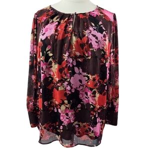 Lane Bryant Red Burgundy Floral Blouse Pleated Keyhole Neck Colorful Romantic